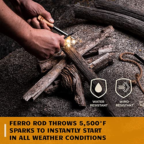 Bushcraft Survival Gear Ferro Rod Fire Starter | Flint and Steel Campfire Starter Kit w/Tinder Rope | Waterproof Magnesium Firestarter Tool For Camping and Backpacking