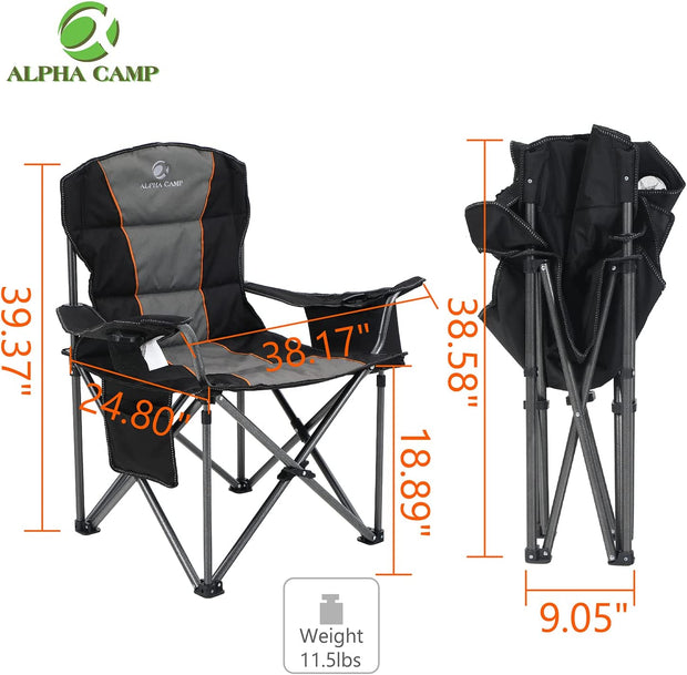 ALPHA CAMP Oversized Camping Folding Chair Heavy Duty Support 450 LBS Oversized Steel Frame Collapsible Padded Arm Chair with Cup Holder Quad Lumbar Back Chair Portable for Outdoor,Black
