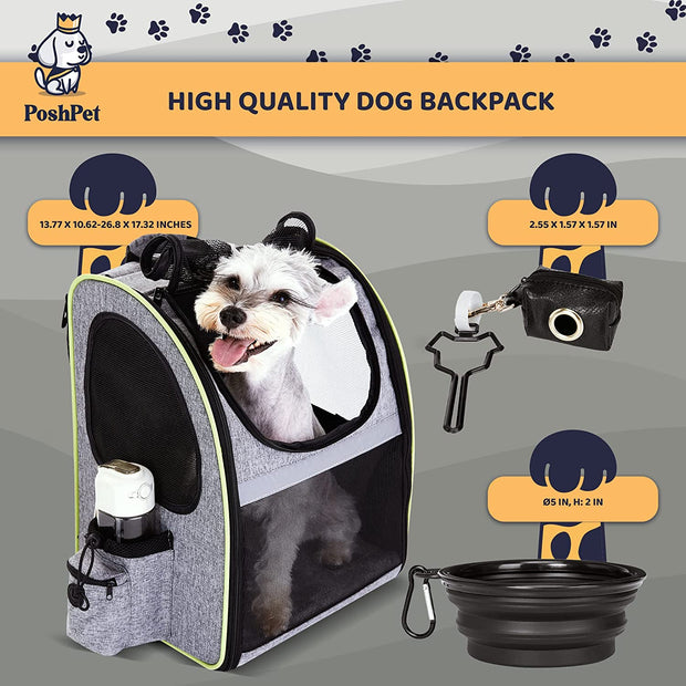 Poshpet Dog Backpack - Dog Carrier Backpack with Foodbowl & Waste Dispenser Bag - Backpack for Dogs - Small & Medium Pet Backpack - Expandable Design