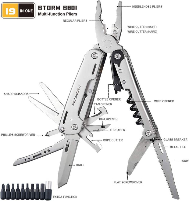 ROXON S801S STORM 16 in 1 Multitool Pliers EDC for Camping, Outdoor with Lockable Saw Blade with Nylon Case (S801S)