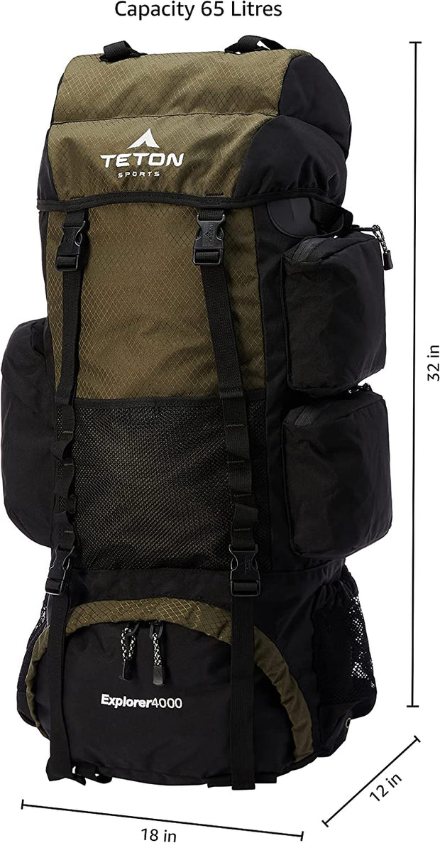 TETON Sports Explorer Backpack Full Internal Frame - Adjustable Backpacking Travel Gear - Water-Repellant Rainfly Cover, Sleeping Bag & 3-Liter Hydration Bladder Pack Storage - Green, 65L