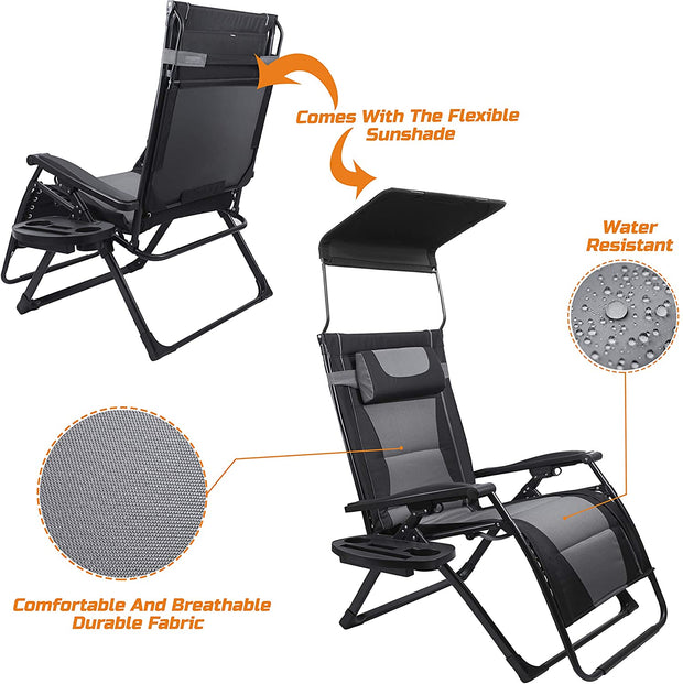 Oversize Recliner Folding Chair for Camping Patio Outdoors Zero Gravity Xxlarge Extra Wide Reclining Padded Seats with Sunshade and Cup Holder Tray [Heavy Duty]
