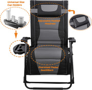 Oversize Recliner Folding Chair for Camping Patio Outdoors Zero Gravity Xxlarge Extra Wide Reclining Padded Seats with Sunshade and Cup Holder Tray [Heavy Duty]